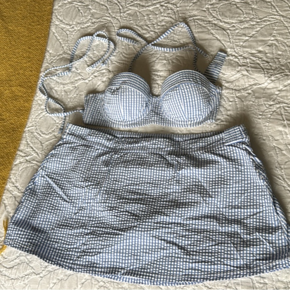 J. Crew Blue and White Seersucker Striped Skirted bikini bathing suit